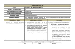 EL CONTENIDO DE ESTE DOCUMENTO NO PUEDE SER MODIFICADO SIN LA AUTORIZACIÓN DE SENCE
Validación técnica:
SENCE
Edición y validación curricular:
SENCE
Fecha última revisión:
Marzo 2016
MÓDULO FORMATIVO N°8
Nombre USO DE TIC’S EN LA BUSQUEDA DE EMPLEO
N° de horas asociadas al módulo 10
Perfil ChileValora asociado al módulo No está asociado.
UCL(s) ChileValora relacionada(s) No está relacionado.
Requisitos de Ingreso Requisitos según plan formativo.
Competencia del módulo Aplicar las principales herramientas tecnológicas para postular a un empleo y participar de una entrevista laboral de
acuerdo a demanda del mercado y requisitos específicos.
APRENDIZAJES ESPERADOS CRITERIOS DE EVALUACIÓN CONTENIDOS
1. Identificar los elementos tecnológicos
necesarios para el proceso de postulación a un
empleo.
1.1 Reconoce proceso básico para el uso de un
computador a nivel usuario según criterios técnicos
del PC.
1.2 Identifica aplicaciones tecnológicas que se utilizan
para el proceso de postulación a un empleo.
1.3 Describe archivos digitales necesarios de diseñar
para el respaldo digital en la búsqueda de empleo.
1.4 Usa buscadores web en navegadores de internet a
nivel usuario en el proceso de búsqueda de empleo.
1.5 Crea una cuenta de correo electrónico adecuada para
el proceso de postulación web de un empleo.
1. Elementos tecnológicos para el proceso de postulación a
un empleo:
 Herramientas TIC’s para la búsqueda de empleo.
- Uso de un computador nivel usuario.
- Aplicaciones TIC’s: Procesadores de texto;
Plantillas con CV; escáner de documentos en
Formato PDF.
- Respaldo digital: documentación necesaria para
postular a un empleo (Currículo vitae, cartas de
recomendación, Certificaciones o títulos,
Certificados de antecedentes, otros.)
- Uso navegadores de internet (Crhome, Explorer,
Mozilla Firefox, Opera, otros)
- Uso de buscadores digitales (Google, Bing, etc.)
- Crea una cuenta de correo electrónico adecuado
para búsqueda de empleo.
- Redacción de un correo electrónico adjuntando
 
