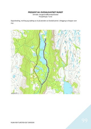 PROSJEKT 64: OVEDALSVATNET RUNDT 
                              Område: Haughom/Øksendal/Ovedal 
                                        Prosjekttype: Tursti 
                                                   
Opparbeiding, merking og rydding av sti på østsiden av Ovedalsvatnet. Utlegging av klopper over 
myr. 




PLAN FOR TURSTIER OG TURVEIER                                                                      99
                                                                                                     
 
