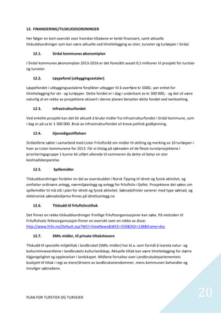12. FINANSIERING/TILSKUDDSORDNINGER 

Her følger en kort oversikt over hvordan tiltakene er tenkt finansiert, samt aktuelle 
tilskuddsordninger som kan være aktuelle ved tilrettelegging av stier, turveier og turløyper i Sirdal. 

    12.1.       Sirdal kommunes økonomiplan 

I Sirdal kommunes økonomiplan 2013‐2016 er det foreslått avsatt 0,5 millioner til prosjekt for turstier 
og turveier.  

    12.2.       Løypefond (utbyggingsavtaler) 

Løypefondet i utbyggingsavtalene forplikter utbygger til å overføre kr 5000,‐ per enhet for 
tilrettelegging for ski‐  og turløyper. Dette fondet er i dag i underkant av kr 300 000,‐  og det vil være 
naturlig at en rekke av prosjektene skissert i denne planen benytter dette fondet ved iverksetting.   

    12.3.       Infrastrukturfondet 

Ved enkelte prosjekt kan det bli aktuelt å bruke midler fra infrastrukturfondet i Sirdal kommune, som 
i dag er på ca kr 1 300 000. Bruk av infrastrukturfondet vil kreve politisk godkjenning.  

    12.4.       Gjensidigestiftelsen 

Sirdalsferie søkte i samarbeid med Lister Friluftsråd om midler til skilting og merking av 10 turløyper i 
hver av Lister kommunene for 2013. Får vi tilslag på søknaden vil de fleste turstiprosjektene i 
prioriteringsgruppe 1 kunne bli utført allerede til sommeren da dette vil betyr en stor 
kostnadsbesparelse. 

    12.5.        Spillemidler 

Tilskuddsordninger fordeler en del av overskuddet i Norsk Tipping til idrett og fysisk aktivitet, og 
omfatter ordinære anlegg, nærmiljøanlegg og anlegg for friluftsliv i fjellet. Prosjektene det søkes om 
spillemidler til må stå i plan for idrett og fysisk aktivitet. Søknadsfrister varierer med type søknad, og 
elektronisk søknadsskjema finnes på idrettsanlegg.no 

    12.6.       Tilskudd til friluftslivstiltak 

Det finnes en rekke tilskuddsordninger frivillige friluftsorganisasjoner kan søke. På nettsiden til 
Friluftslivets fellesorganisasjon finner en oversikt over en rekke av disse: 
http://www.frifo.no/Default.asp?WCI=ViewNews&WCE=550&DGI=138&frame=doc 

    12.7.       SMIL‐midler, til private tiltakshavere 

Tilskudd til spesielle miljøtiltak i landbruket (SMIL‐midler) har bl.a. som formål å ivareta natur‐ og 
kulturminneverdiene i landbrukets kulturlandskap. Aktuelle tiltak kan være tilrettelegging for større 
tilgjengelighet og opplevelser i landskapet. Midlene forvaltes over Landbruksdepartementets 
budsjett til tiltak i regi av eiere/drivere av landbrukseiendommer, mens kommunen behandler og 
innvilger søknadene.  

 



PLAN FOR TURSTIER OG TURVEIER                                                                                 20
                                                                                                                
 
