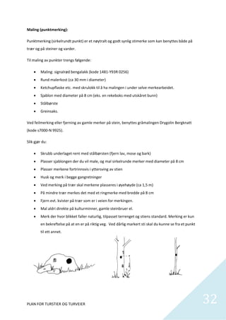Maling (punktmerking): 

Punktmerking (sirkelrundt punkt) er et nøytralt og godt synlig stimerke som kan benyttes både på 
trær og på steiner og varder.  

Til maling av punkter trengs følgende: 

        Maling: signalrød bengalakk (kode 1481‐Y93R 0256) 
        Rund malerkost (ca 30 mm i diameter) 
        Ketchupflaske etc. med skrulokk til å ha malingen i under selve merkearbeidet. 
        Sjablon med diameter på 8 cm (eks. en rekeboks med utskåret bunn) 
        Stålbørste 
        Greinsaks. 

Ved feilmerking eller fjerning av gamle merker på stein, benyttes gråmalingen Drygolin Bergknatt 
(kode s7000‐N 9925). 

Slik gjør du: 

        Skrubb underlaget rent med stålbørsten (fjern lav, mose og bark) 
        Plasser sjablongen der du vil male, og mal sirkelrunde merker med diameter på 8 cm 
        Plasser merkene fortrinnsvis i yttersving av stien 
        Husk og merk i begge gangretninger 
        Ved merking på trær skal merkene plasseres i øyehøyde (ca 1,5 m) 
        På mindre trær merkes det med et ringmerke med bredde på 8 cm 
        Fjern evt. kvister på trær som er i veien for merkingen. 
        Mal aldri direkte på kulturminner, gamle steinbruer el.  
        Merk der hvor blikket faller naturlig, tilpasset terrenget og stiens standard. Merking er kun 
         en bekreftelse på at en er på riktig veg.  Ved dårlig markert sti skal du kunne se fra et punkt 
         til ett annet.  

 

 

 

 

 


PLAN FOR TURSTIER OG TURVEIER                                                                               32
                                                                                                              
 
