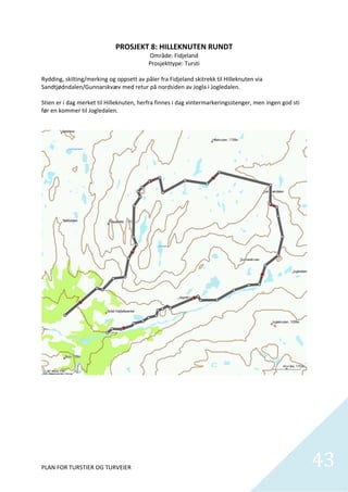 PROSJEKT 8: HILLEKNUTEN RUNDT 
                                          Område: Fidjeland 
                                          Prosjekttype: Tursti 
 
Rydding, skilting/merking og oppsett av påler fra Fidjeland skitrekk til Hilleknuten via 
Sandtjødndalen/Gunnarskvæv med retur på nordsiden av Jogla i Jogledalen.  
 
Stien er i dag merket til Hilleknuten, herfra finnes i dag vintermarkeringsstenger, men ingen god sti 
før en kommer til Jogledalen.  




                                                                                                          

 

 

 

 

 


PLAN FOR TURSTIER OG TURVEIER                                                                                43
                                                                                                               
 