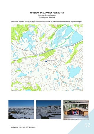 PROSJEKT 27: GAPAHUK JUVKNUTEN 
                                   Område: Sinnes/Haugen 
                                    Prosjekttype: Gapahuk 
                                                
Ønske om oppsett av Gapahuk på Juvknuten. Fin utsikt, og nærhet til både sommer‐ og vinterløyper. 




PLAN FOR TURSTIER OG TURVEIER                                                                        62
                                                                                                       
 
