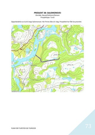 PROSJEKT 38: SALOMONSVEI 
                                  Område: Nesset/Solheim/Donsen 
                                       Prosjekttype: Tursti 
                                                   
Opparbeidelse av tursti langs Salomonsvei. Her finnes ikke sti i dag. Prosjektet har fått lav prioritet. 




PLAN FOR TURSTIER OG TURVEIER                                                                               73
                                                                                                              
 