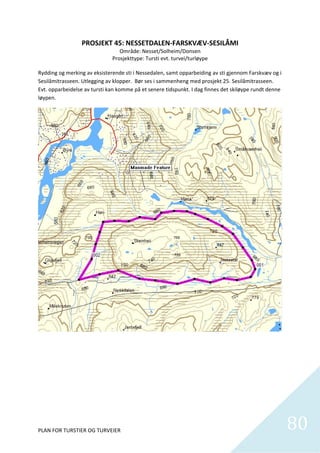 PROSJEKT 45: NESSETDALEN‐FARSKVÆV‐SESILÅMI 
                                   Område: Nesset/Solheim/Donsen 
                                Prosjekttype: Tursti evt. turvei/turløype 
                                                      
Rydding og merking av eksisterende sti i Nessedalen, samt opparbeiding av sti gjennom Farskvæv og i 
Sesilåmitrasseen. Utlegging av klopper.  Bør ses i sammenheng med prosjekt 25. Sesilåmitrasseen. 
Evt. opparbeidelse av tursti kan komme på et senere tidspunkt. I dag finnes det skiløype rundt denne 
løypen.  




PLAN FOR TURSTIER OG TURVEIER                                                                           80
                                                                                                          
 