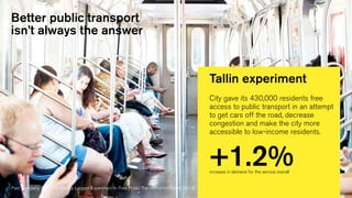 Better public transport
isn’t always the answer
Tallin experiment
City gave its 430,000 residents free
access to public transport in an attempt
to get cars off the road, decrease
congestion and make the city more
accessible to low-income residents.
+1.2%increase in demand for the service overall
Fast Company, ‘Why The World’s Largest Experiment In Free Public Transportation Failed’, 2014
 