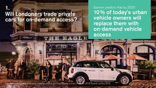 1.
Will Londoners trade private
cars for on-demand access?
Thilo Koslowski, Creating Innovations in the Automotive and Smart Mobility Industry Primer for 2016, Gartner, January 2016
Gartner predicts that by 2020
10 % of today’s urban
vehicle owners will
replace them with
on-demand vehicle
access
 