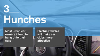 3   
Hunches
Most urban car
owners intend to
hang onto their
cars
Electric vehicles
will make car
clubs more
attractive
 