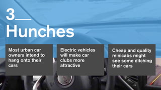 3   
Hunches
Cheap and quality
minicabs might
see some ditching
their cars
Most urban car
owners intend to
hang onto their
cars
Electric vehicles
will make car
clubs more
attractive
 
