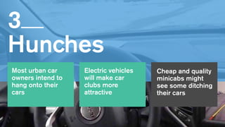 3   
Hunches
Most urban car
owners intend to
hang onto their
cars
Electric vehicles
will make car
clubs more
attractive
Cheap and quality
minicabs might
see some ditching
their cars
 