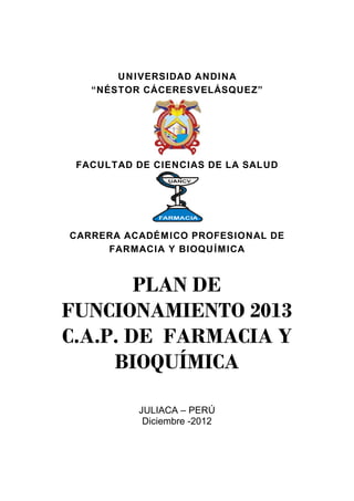 UNIVERSIDAD ANDINA
“NÉSTOR CÁCERESVELÁSQUEZ”
FACULTAD DE CIENCIAS DE LA SALUD
CARRERA ACADÉMICO PROFESIONAL DE
FARMACIA Y BIOQUÍMICA
PLAN DE
FUNCIONAMIENTO 2013
C.A.P. DE FARMACIA Y
BIOQUÍMICA
JULIACA – PERÚ
Diciembre -2012
 