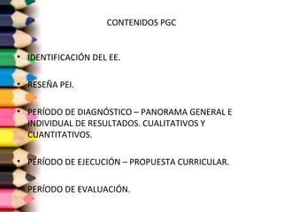 CONTENIDOS PGC 
• IDENTIFICACIÓN DEL EE. 
• RESEÑA PEI. 
• PERÍODO DE DIAGNÓSTICO – PANORAMA GENERAL E 
INDIVIDUAL DE RESULTADOS. CUALITATIVOS Y 
CUANTITATIVOS. 
• PERÍODO DE EJECUCIÓN – PROPUESTA CURRICULAR. 
• PERÍODO DE EVALUACIÓN. 
 