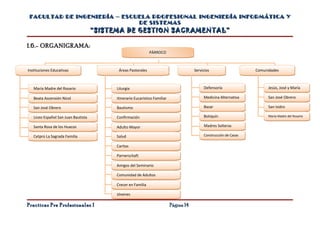FACULTAD DE INGENIERÍA – ESCUELA PROFESIONAL INGENIERÍA INFORMÁTICA Y
                              DE SISTEMAS
                                     “SISTEMA DE GESTION SACRAMENTAL”

1.6.- ORGANIGRAMA:
                                                               PÁRROCO



Instituciones Educativas                    Áreas Pastorales                             Servicios                    Comunidades



   María Madre del Rosario                 Liturgia                                           Defensoría                    Jesús, José y María

   Beata Ascensión Nicol                   Itinerario Eucarístico Familiar                    Medicina Alternativa          San José Obrero

   San José Obrero                         Bautismo                                           Bazar                         San Isidro

   Liceo Español San Juan Bautista         Confirmación                                       Botiquín                      María Madre del Rosario


   Santa Rosa de los Huacos                Adulto Mayor                                       Madres Solteras

   Cetpro La Sagrada Familia               Salud                                              Construcción de Casas

                                           Caritas

                                           Parnerschaft

                                           Amigos del Seminario

                                           Comunidad de Adultos

                                           Crecer en Familia

                                           Jóvenes

Practicas Pre Profesionales I                                                Página 14
 