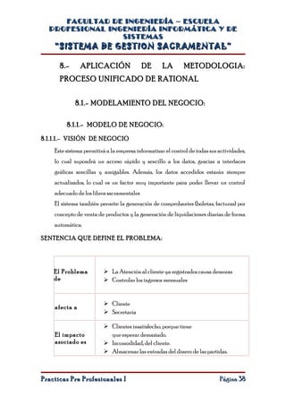 FACULTAD DE INGENIERÍA – ESCUELA
  PROFESIONAL INGENIERÍA INFORMÁTICA Y DE
                 SISTEMAS
    “SISTEMA DE GESTION SACRAMENTAL”

      8.-      APLICACIÓN                  DE       LA       METODOLOGIA:
      PROCESO UNIFICADO DE RATIONAL


             8.1.- MODELAMIENTO DEL NEGOCIO:

         8.1.1.- MODELO DE NEGOCIO:

8.1.1.1.- VISIÓN DE NEGOCIO
    Este sistema permitirá a la empresa informatizar el control de todas sus actividades,
    lo cual supondrá un acceso rápido y sencillo a los datos, gracias a interfaces
    gráficas sencillas y amigables. Además, los datos accedidos estarán siempre
    actualizados, lo cual es un factor muy importante para poder llevar un control
    adecuado de los libros sacramentales
    El sistema también permite la generación de comprobantes (boletas, facturas) por
    concepto de venta de productos y la generación de liquidaciones diarias de forma
    automática.

SENTENCIA QUE DEFINE EL PROBLEMA:




    El Problema           La Atención al cliente ya registrados causa demoras
    de                    Controlar los ingresos mensuales


                          Cliente
    afecta a
                          Secretaria

                          Clientes insatisfecho, porque tiene
    El impacto             que esperar demasiado.
    asociado es           Incomodidad, del cliente.
                          Almacenar las entradas del dinero de las partidas.



Practicas Pre Profesionales I                                                Página 38
 