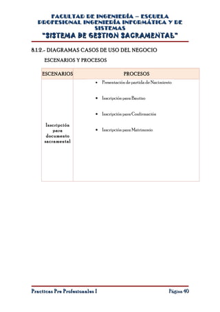FACULTAD DE INGENIERÍA – ESCUELA
  PROFESIONAL INGENIERÍA INFORMÁTICA Y DE
                 SISTEMAS
    “SISTEMA DE GESTION SACRAMENTAL”

8.1.2.- DIAGRAMAS CASOS DE USO DEL NEGOCIO
     ESCENARIOS Y PROCESOS

    ESCENARIOS                             PROCESOS
                            •   Presentación de partida de Nacimiento


                            • Inscripción para Bautizo


                            • Inscripción para Confirmación

      Inscripción
         para               • Inscripción para Matrimonio
      documento
     sacramental




Practicas Pre Profesionales I                                      Página 40
 