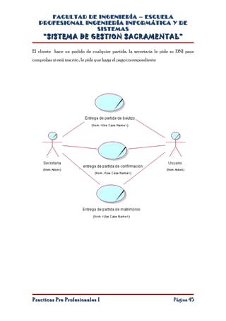FACULTAD DE INGENIERÍA – ESCUELA
   PROFESIONAL INGENIERÍA INFORMÁTICA Y DE
                  SISTEMAS
      “SISTEMA DE GESTION SACRAMENTAL”

El cliente hace un pedido de cualquier partida, la secretaria le pide su DNI para
comprobar si está inscrito , le pide que haga el pago correspondiente




Practicas Pre Profesionales I                                           Página 45
 