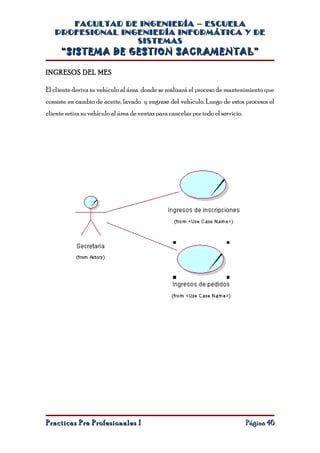 FACULTAD DE INGENIERÍA – ESCUELA
   PROFESIONAL INGENIERÍA INFORMÁTICA Y DE
                  SISTEMAS
      “SISTEMA DE GESTION SACRAMENTAL”

INGRESOS DEL MES

El cliente deriva su vehículo al área donde se realizará el proceso de mantenimiento que
consiste en cambio de aceite, lavado y engrase del vehículo. Luego de estos procesos el
cliente retira su vehículo al área de ventas para cancelar por todo el servicio.




Practicas Pre Profesionales I                                                      Página 46
 