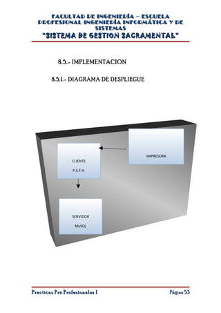 FACULTAD DE INGENIERÍA – ESCUELA
  PROFESIONAL INGENIERÍA INFORMÁTICA Y DE
                 SISTEMAS
    “SISTEMA DE GESTION SACRAMENTAL”



           8.5.- IMPLEMENTACION

        8.5.1.- DIAGRAMA DE DESPLIEGUE




                                         IMPRESORA
                 CLIENTE

                  P.S.F.H.




                 SERVIDOR

                   MySQL




Practicas Pre Profesionales I                        Página 53
 