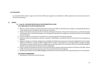 23
8.5.EVALUACIÓN
La evaluación del Plan estará a cargo de la Comisión de GRD, para asegurar los resultados de la GRD y garantizar el servicio educativo aún en
situaciones de desastres.
IX. ANEXOS
9.1 Anexo 01. FUNCIONES ESPECÍFICAS DE LOS INTEGRANTES DE LA CGRD
DE LA DIRECTORA DE LA INSTITUCIÓNEDUCATIVA
1. Motiva y reconoce mediante resolución directoral a la Comisión de GRD, los miembros que la integran y al responsable del COE, así
mismo aprueba el plan de trabajo e informe anual de la Comisión.
2. Dirige la formulación y ejecución del Plan de Gestión de Riesgo de Desastres y Planes de Contingencia de su institucióneducativa
socializándolo ante la comunidad educativa, con estrategias de respuesta ante emergencias y que pueden afectar la continuidad del
servicio educativo.
3. Convoca y dirige las reuniones de los miembros de la comisión de gestión del riesgo de desastres.
4. Dirige las acciones de preparación, reducción, respuesta, rehabilitación y recuperación durante la atención de las emergencias y
desastres.
5. Organiza y designa los miembros integrantes de las Brigadas de Señalización, Evacuación y Evaluación, Brigada de Primeros Auxilios,
Brigada de Protección y Entrega de Niños, Brigada Contra Incendios y Seguridad de la Comunidad Educativa, Brigada de Apoyo
socioemocional, lúdico y defensa nacional, estableciendo las coordinaciones con las instituciones afines y personal especializado en
Emergencias y Desastres para el fortalecimiento de capacidades.
6. Emite y coordinalosreportesoficialesde lainstitucióneducativaymantiene enlace permanente conel COE Local, COE UGEL, COE de
la DRE, instituciones de primera respuesta, entre otros, para la atención de la emergencia.
7. Garantiza que mediante lasactividadespedagógicasse desarrolleunaculturade gestión del riesgo de desastres con los estudiantes.
DEL DOCENTE COORDINADOR
1. Reemplazarala Directoraencaso de ausencia.
 