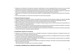 25
 Elaboración y socialización de los planos de evacuación, señalizaciones, y zonas de seguridad internas y externa, con la comunidad
educativa para ser puesta en práctica en los simulacros, simulaciones. De ser necesario solicitara apoyo a la municipalidad.
 Identificaalos estudiantesconhabilidadesdiferentesparasu evacuación,trasladoy atención,utilizandounpadróncon el registrode
datos y de sus apoderados, coordinando para ello con la brigada de protección y entrega de estudiantes.
 Capacitación en el manejo de la ficha de evaluación de daños y necesidades (EDAN) y su respectivo procesamiento de informacióny
datos.
 Verifica la operatividad y los mecanismos de activación de la alarma para evacuación.
2.- Respuesta: Durante la emergencia:
 Activa el protocolo de evacuación y facilita la movilización de las personas en forma ordenada y rápida a las zonas de seguridad
asignadas, evitando que se provoque pánico, teniendo en cuenta la evacuación de estudiantes con habilidades diferentes.
 Deben asegurarse que todas las personas estén siendo evacuada durante el evento o emergencia.
 Mantiene evacuada a la comunidad educativa en los lugares o espacios seguros internos o externos hasta que el responsable de la
comisión de gestión de riesgo lo determine.
 Registraenunformatolosdatosde losestudiantes,profesoresuotropersonal de lainstituciónque quedaronatrapadosynopudieron
ser evacuados, comunicando a las instancias competentes para la búsqueda y salvamento.
 Coordinayrealizaactividadesconjuntasconlabrigadadeprimerosauxiliosparalarealizaciónde accionesde intervenciónalaspersonas
que presenten lesiones, y requieran urgente evacuación.
3.- Rehabilitación: Después de la emergencia:
 Establece las coordinaciones y comunicación con la Brigada de protección y entrega de estudiantes y la brigada de soporte socio
emocional para su intervención oportuna y adecuada.
 En las zonas seguras, se registra o pasa lista de los estudiantes evacuadosy coordina con la brigada de protección para la entrega de
estudiantes a sus familiares o apoderados registrados previamente.
 Verifica y evalúa el estado actual de la infraestructura y las instalaciones de la escuela valorandoel impacto haciendo una evaluación
preliminar de la situación, mediante la ficha EDAN.
 Reportaal responsable del COElosdañosocasionadosporlaemergenciaoel desastre. Informando alaComisiónde Gestiónde Riesgo
sobre el estado de la comunidad
Educativa evacuada y de aquellas que se encuentran no habidas.
2--FUNCIONES A DESARROLLAR POR LA BRIGADA DE DOCENTES DE PRIMEROS AUXILIOS
 