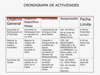 CRONOGRAMA DE ACTIVIDADES



Objetivo           Objetivo    Actividades Responsable                      Fecha
                   Específico-
General                                                                     Límite
                   Metas
Aumentar la        Aumentar la        Lanzamiento de    Gte. De Marca       A Enero-
Participación en   Participación en   la Nueva Línea    De la Linea de      Diciembre
el Mercado         el mercado en      para Bebes.       Belleza. Lic.       del 2012
                   un 22%                               Raysa Perez.
Mejorar la         Mejorar la         Creación e        GTE. DE             A 30 de
imagen de          imagen de          Inauguración de   RELACIONES          Marzo del
nuestra            nuestra            la planta de      PUBLICAS Y EL       2012
Compañía.          empresa            aguas             PRESIDENTE DE
                   Durante el         residuales.       LA EMPRESA. Lic.
                   2012               Invitando al      Rosa Lopez, y el
                                      Ministro de       Ing. Ricardo
                                      Medioambiente.    Herrera.
Aumentar las       Aumentar las       Firma de          Gte. De RRHH.       Al 30 de
ventas             ventas en un       contrato          Lic. Maria Perez.   Abril del
                   20% en el          personal de       Gte. De Ventas.     2012
                   Cibao              Ventas del        Lic. Juan
                                      Cibao.
                                                        Ramirez.
 
