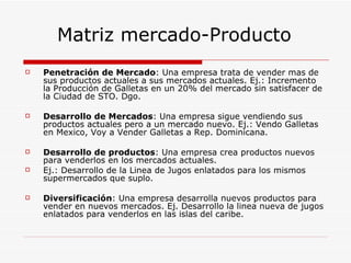 Matriz mercado-Producto
   Penetración de Mercado: Una empresa trata de vender mas de
    sus productos actuales a sus mercados actuales. Ej.: Incremento
    la Producción de Galletas en un 20% del mercado sin satisfacer de
    la Ciudad de STO. Dgo.

   Desarrollo de Mercados: Una empresa sigue vendiendo sus
    productos actuales pero a un mercado nuevo. Ej.: Vendo Galletas
    en Mexico, Voy a Vender Galletas a Rep. Dominicana.

   Desarrollo de productos: Una empresa crea productos nuevos
    para venderlos en los mercados actuales.
   Ej.: Desarrollo de la Linea de Jugos enlatados para los mismos
    supermercados que suplo.

   Diversificación: Una empresa desarrolla nuevos productos para
    vender en nuevos mercados. Ej. Desarrollo la linea nueva de jugos
    enlatados para venderlos en las islas del caribe.
 