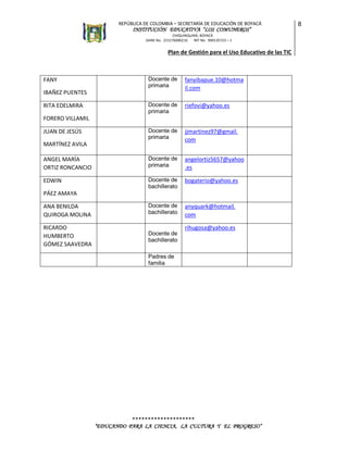 REPÚBLICA DE COLOMBIA – SECRETARÍA DE EDUCACIÓN DE BOYACÁ

INSTITUCIÓN EDUCATIVA “LOS COMUNEROS”
CHIQUINQUIRÁ, BOYACÁ
DANE No. 215176000216
NIT No. 900135723 – 1

Plan de Gestión para el Uso Educativo de las TIC

Docente de
primaria

fanyibapue.10@hotma
il.com

Docente de
primaria

riefovi@yahoo.es

Docente de
primaria

jjmartinez97@gmail.
com

ANGEL MARÍA
ORTIZ RONCANCIO

Docente de
primaria

angelortiz5657@yahoo
.es

EDWIN

Docente de
bachillerato

bogaterio@yahoo.es

ANA BENILDA
QUIROGA MOLINA

Docente de
bachillerato

anyquark@hotmail.
com

RICARDO
HUMBERTO
GÓMEZ SAAVEDRA

Docente de
bachillerato

FANY
IBAÑEZ PUENTES
RITA EDELMIRA
FORERO VILLAMIL
JUAN DE JESÚS
MARTÍNEZ AVILA

PÁEZ AMAYA

rihugosa@yahoo.es

Padres de
familia

********************
“EDUCANDO PARA LA CIENCIA, LA CULTURA Y EL PROGRESO”

8

 