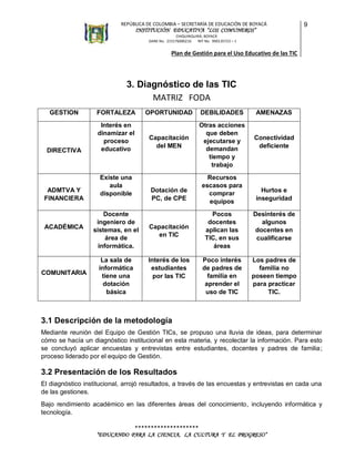 REPÚBLICA DE COLOMBIA – SECRETARÍA DE EDUCACIÓN DE BOYACÁ

INSTITUCIÓN EDUCATIVA “LOS COMUNEROS”

9

CHIQUINQUIRÁ, BOYACÁ
DANE No. 215176000216
NIT No. 900135723 – 1

Plan de Gestión para el Uso Educativo de las TIC

3. Diagnóstico de las TIC
MATRIZ FODA
GESTION

FORTALEZA

DIRECTIVA

Interés en
dinamizar el
proceso
educativo

ADMTVA Y
FINANCIERA

ACADÉMICA

COMUNITARIA

Capacitación
del MEN

Existe una
aula
disponible

Dotación de
PC, de CPE

Docente
ingeniero de
sistemas, en el
área de
informática.
La sala de
informática
tiene una
dotación
básica

OPORTUNIDAD

Capacitación
en TIC

Interés de los
estudiantes
por las TIC

DEBILIDADES
Otras acciones
que deben
ejecutarse y
demandan
tiempo y
trabajo
Recursos
escasos para
comprar
equipos

AMENAZAS

Conectividad
deficiente

Hurtos e
inseguridad

Pocos
docentes
aplican las
TIC, en sus
áreas

Desinterés de
algunos
docentes en
cualificarse

Poco interés
de padres de
familia en
aprender el
uso de TIC

Los padres de
familia no
poseen tiempo
para practicar
TIC.

3.1 Descripción de la metodología
Mediante reunión del Equipo de Gestión TICs, se propuso una lluvia de ideas, para determinar
cómo se hacía un diagnóstico institucional en esta materia, y recolectar la información. Para esto
se concluyó aplicar encuestas y entrevistas entre estudiantes, docentes y padres de familia;
proceso liderado por el equipo de Gestión.

3.2 Presentación de los Resultados
El diagnóstico institucional, arrojó resultados, a través de las encuestas y entrevistas en cada una
de las gestiones.
Bajo rendimiento académico en las diferentes áreas del conocimiento, incluyendo informática y
tecnología.
********************
“EDUCANDO PARA LA CIENCIA, LA CULTURA Y EL PROGRESO”

 