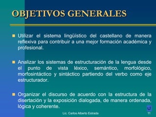 Lic. Carlos Alberto Estrada 11
OBJETIVOS GENERALES
 Utilizar el sistema lingüístico del castellano de manera
reflexiva para contribuir a una mejor formación académica y
profesional.
 Analizar los sistemas de estructuración de la lengua desde
el punto de vista léxico, semántico, morfológico,
morfosintáctico y sintáctico partiendo del verbo como eje
estructurador.
 Organizar el discurso de acuerdo con la estructura de la
disertación y la exposición dialogada, de manera ordenada,
lógica y coherente.
 