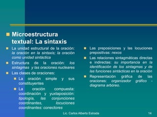 Lic. Carlos Alberto Estrada 14
 Microestructura
textual: La sintaxis
 La unidad estructural de la oración:
la oración en la sintaxis; la oración
como unidad sintáctica
 Estructura de la oración: los
sintagmas y las oraciones nucleares
 Las clases de oraciones:
 La oración simple y sus
constituyentes
 La oración compuesta:
coordinación y yuxtaposición:
tipología, las conjunciones
coordinantes, locuciones
coordinantes: conectores
 Las preposiciones y las locuciones
prepositivas: nexos
 Las relaciones sintagmáticas directas
e indirectas: su importancia en la
identificación de los sintagmas y de
las funciones sintácticas en la oración
 Representación gráfica de las
oraciones: organizador gráfico -
diagrama arbóreo.
 
