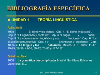 Lic. Carlos Alberto Estrada 15
 UNIDAD 1 TEORÍA LINGÜÍSTICA
Ávila, Raúl
1998 “El signo y los signos”. Cap. 1, “El signo lingüístico”.
Cap. 2, “El significado y contexto”. Cap. 3, “Lengua y habla”.
Cap. 5. “La comunicación lingüística y sus funciones”. Cap. 6. “La
situación comunicativa”. Cap. 7 y “Enunciado y oraciones”. Cap.
10 en su La lengua y los hablantes. México DF.: Trillas. 11-17,
19-25, 27-39, 49-58, 59-72, 73-85 y 127-157.
Grijelmo, Álex
2008 La gramática descomplicada. Madrid: Santillana Ediciones
Generales, S.L.
BIBLIOGRAFÍA ESPECÍFICA
 