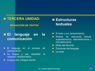 Lic. Carlos Alberto Estrada 19
 TERCERA UNIDAD:
REDACCIÓN DE TEXTOS
 El lenguaje en la
comunicación
 El lenguaje en el proceso de
comunicación
 La lengua y sus variantes: la
variación intraidiomática
 Lengua oral y lengua escrita
 Estructuras
textuales
 El texto y sus características
 Niveles de estructura textual:
superestructura, macroestructura y
microestructura
 Modo del discurso
 Funciones del lenguaje
 La carta
 