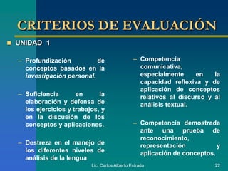 Lic. Carlos Alberto Estrada 22
CRITERIOS DE EVALUACIÓN
 UNIDAD 1
– Profundización de
conceptos basados en la
investigación personal.
– Suficiencia en la
elaboración y defensa de
los ejercicios y trabajos, y
en la discusión de los
conceptos y aplicaciones.
– Destreza en el manejo de
los diferentes niveles de
análisis de la lengua
– Competencia
comunicativa,
especialmente en la
capacidad reflexiva y de
aplicación de conceptos
relativos al discurso y al
análisis textual.
– Competencia demostrada
ante una prueba de
reconocimiento,
representación y
aplicación de conceptos.
 
