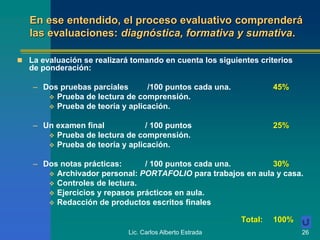 Lic. Carlos Alberto Estrada 26
 La evaluación se realizará tomando en cuenta los siguientes criterios
de ponderación:
– Dos pruebas parciales /100 puntos cada una. 45%
 Prueba de lectura de comprensión.
 Prueba de teoría y aplicación.
– Un examen final / 100 puntos 25%
 Prueba de lectura de comprensión.
 Prueba de teoría y aplicación.
– Dos notas prácticas: / 100 puntos cada una. 30%
 Archivador personal: PORTAFOLIO para trabajos en aula y casa.
 Controles de lectura.
 Ejercicios y repasos prácticos en aula.
 Redacción de productos escritos finales
Total: 100%
En ese entendido, el proceso evaluativo comprenderá
las evaluaciones: diagnóstica, formativa y sumativa.
 