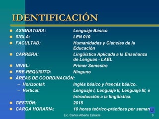 Lic. Carlos Alberto Estrada 3
IDENTIFICACIÓN
 ASIGNATURA: Lenguaje Básico
 SIGLA: LEN 010
 FACULTAD: Humanidades y Ciencias de la
Educación
 CARRERA: Lingüística Aplicada a la Enseñanza
de Lenguas - LAEL
 NIVEL: Primer Semestre
 PRE-REQUISITO: Ninguno
 ÁREAS DE COORDINACIÓN:
– Horizontal: Inglés básico y francés básico.
– Vertical: Lenguaje I, Lenguaje II, Lenguaje III, e
Introducción a la lingüística.
 GESTIÓN: 2015
 CARGA HORARIA: 10 horas teórico-prácticas por semana
 