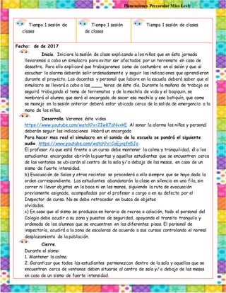 Planeaciones Preescolar Miss Lesly
Tiempo 1 sesión de
clases
Tiempo 1 sesión
de clases
Tiempo 1 sesión de clases
Fecha: de de 2017
Inicio. Iniciare la sesión de clase explicando a los niños que en ésta jornada
llevaremos a cabo un simulacro para evitar ser afectados por un terremoto en caso de
desastre. Para ello explicaré que trabajaremos como de costumbre en el salón y que al
escuchar la alarma deberán salir ordenadamente y seguir las indicaciones que aprendieron
durante el proyecto. Los docentes y personal que labore en la escuela deberá saber que el
simulacro se llevará a cabo a las ____ horas de éste día. Durante la mañana de trabajo se
seguirá trabajando el tema de terremotos y de la mochila de vida y el boqiquin, se
nombrará al alumno que será el encargado de sacar esa mochila y ese botiquín, que como
se manejo en la sesión anterior deberá estar ubicado cerca de la salida de emergencia a la
mano de los niños,
Desarrollo. Veremos éste video
https://www.youtube.com/watch?v=2IwK7aNvxkE Al sonar la alarma los niños y personal
deberán seguir las indicaciones Habrá un encargado
Para hacer mas real el simulacro en el sonido de la escuela se pondrá el siguiente
audio https://www.youtube.com/watch?v=CaEjxqfn5Jo
El profesor /a que está frente a un curso debe mantener la calma y tranquilidad, él o los
estudiantes encargados abrirán la puertas y aquellos estudiantes que se encuentren cerca
de las ventanas se ubicarán al centro de la sala y/ o debajo de las mesas, en caso de un
sismo de fuerte intensidad.
b) Evacuación de Salas y otros recintos: se procederá a ello siempre que se haya dado la
orden correspondiente. Los estudiantes abandonarán la clase en silencio en una fila, sin
correr ni llevar objetos en la boca ni en las manos, siguiendo la ruta de evacuación
previamente asignada, acompañados por el profesor a cargo o en su defecto por el
Inspector de curso. No se debe retroceder en busca de objetos
olvidados.
c) En caso que el sismo se produzca en horario de recreo o colación, todo el personal del
Colegio debe acudir a su zona y puestos de seguridad, apoyando el transito tranquilo y
ordenada de los alumnos que se encuentren en los diferentes pisos. El personal de
inspectoría, acudirá a la zona de escaleras de acuerdo a sus cursos controlando el normal
desplazamiento de la población.
Cierre.
Durante el sismo:
1. Mantener la calma.
2. Garantizar que todos los estudiantes permanezcan dentro de la sala y aquellos que se
encuentren cerca de ventanas deben situarse al centro de sala y/ o debajo de las mesas
en caso de un sismo de fuerte intensidad.
 