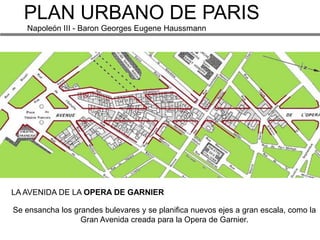 PLAN URBANO DE PARIS
   Napoleón III - Baron Georges Eugene Haussmann




LA AVENIDA DE LA OPERA DE GARNIER

Se ensancha los grandes bulevares y se planifica nuevos ejes a gran escala, como la
                  Gran Avenida creada para la Opera de Garnier.
 
