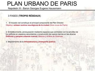 PLAN URBANO DE PARIS
  Napoleón III - Baron Georges Eugene Haussmann


  3 FASES (TROPIS RÉSEAUX)

1. El trazado vial constituye el principal componente del Plan Director.
Objetivo: enlazar centros neurálgicos de la ciudad (Gran cruce de París).


2. Embellecimiento, jerarquización mediante espacios que contrastan con la sencillez de
los edificios en espacios secundarios y construcción de nuevos barrios en las afueras
Edificios y parques urbanos nuevos: Bolonia y el Bois de Vicennes

3. Mejoramiento de la Infraestructura y transporte público.
 