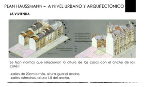 PLAN HAUSSMANN – A NIVEL URBANO Y ARQUITECTÓNICO
LA VIVIENDA
Se fijan normas que relacionan la altura de las casas con el ancho de las
calles:
-calles de 20cm o más, altura igual al ancho.
-calles estrechas, altura 1,5 del ancho.
 