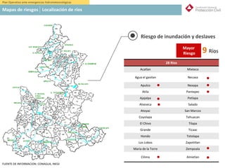 FUENTE DE INFORMACION: CONAGUA, INEGI
Riesgo de inundación y deslaves
28 Ríos
Acatlan Mixteco
Agua el gavilan Necaxa
Apulco Nexapa
Atila Pantepec
Ajajalpa Petlapa
Alseseca Salado
Atoyac San Marcos
Coyolapa Tehuacan
El Chivo Tilapa
Grande Ticaac
Hondo Totolapa
Los Lobos Zapotitlan
Maria de la Torre Zempoala
Cilima Amixtlan
Mayor
Riesgo 9 Ríos
Plan Operativo ante emergencias hidrometeorológicas
Mapas de riesgos Localización de ríos
 
