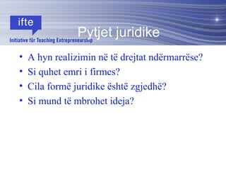 A hyn realizimin në të drejtat ndërmarrëse? Si quhet emri i firmes? Cila formë juridike është zgjedhë? Si mund të mbrohet ideja? Pytjet juridike 
