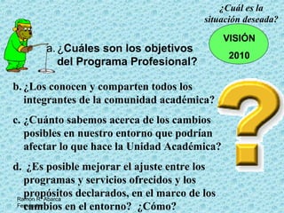 Ramón R. Abarca
Fernández
¿Cuál es la
situación deseada?
b. ¿Los conocen y comparten todos los
integrantes de la comunidad académica?
c. ¿Cuánto sabemos acerca de los cambios
posibles en nuestro entorno que podrían
afectar lo que hace la Unidad Académica?
d. ¿Es posible mejorar el ajuste entre los
programas y servicios ofrecidos y los
propósitos declarados, en el marco de los
cambios en el entorno? ¿Cómo?
VISIÓN
2010
a.¿Cuáles son los objetivos
del Programa Profesional?
 