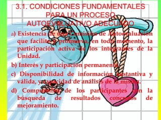 Ramón R. Abarca
Fernández
3.1. CONDICIONES FUNDAMENTALES
PARA UN PROCESO
AUTOEVALUATIVO ADECUADO
a) Existencia de una Comisión de Autoevaluación
que facilite y promueva, en todo momento, la
participación activa de los integrantes de la
Unidad.
b) Interés y participación permanente.
c) Disponibilidad de información sustantiva y
válida, y capacidad de análisis de la misma.
d) Compromiso de los participantes con la
búsqueda de resultados concretos de
mejoramiento.
 