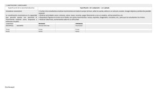 [Escribaaquí]
3. ADAPTACIONES CURRICULARES
Especificación de la necesidad educativa Especificación de la adaptación a ser aplicada
Inmadurez visomotora
La coordinación visomotora es la capacidad
que permite ajustar con precisión el
movimiento corporal como respuesta a
estímulos visuales.
• Invitara los estudiantesarealizarmovimientoscontodoel cuerpo:brincar, saltar la cuerda,saltaren un solopie,escalar,recogerobjetosycambiarde posición
corporal.
• Realizar actividades como: colorear, calcar, trazar, recortar, pegar libremente o con un modelo, utilizar plastilina, etc.
• Reproducir figuras en el aire con el dedo, con varios movimientos: rectos, espirales, diagonales, circulares, etc., para que los estudiantes los imiten.
• Realizar laberintos, aumentando cada vez su dificultad.
ELABORADO REVISADO APROBADO
DOCENTE(S): DOCENTES Director del área : Vicerrector:
Firma: Firma: Firma:
Fecha: Fecha: Fecha:
 