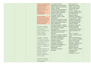 Ampliar la comprensión de
un texto mediante la
identificación de los
significados de las
palabras, utilizando las
estrategias de
contextualización y
prefijosLL.2.3.3.
Construir criterios,
opiniones y emitir juicios
del contenido de un texto
al distinguir realidad y
ficción, hechos, datos y
opiniones LL.2.3.6.
Desarrollar estrategias
cognitivas como: lectura
de los paratextos,
establecer el propósito de
lectura, relectura,
relectura selectiva y
parafraseo.LL.2.3.5.
LL.2.3.9.Leer oralmente
con fluidez y entonación
en contextos significativos
de aprendizaje. / Leer de
manera silenciosa y
personal en situaciones de
recreación, información y
estudio.
/LL.2.3.2.Comprender los
contenidos implícitos de
un texto con base en
inferencias espacio-
temporal, referenciales y
de causa-efecto.
Desarrollar estrategias
cognitivas como: lectura
de los paratextos,
a la comprensión literal,
interpretativa y crítica del texto e
infiere el sentido de los elementos
implícitos. Realizar
preguntas que exijan parafraseo y
no solo respuestas afirmativas o
negativas, al final o durante la
lectura del texto. Según
el resultado, enseñar a los
estudiantes a releer y a releer
selectivamente.
Otros ejercicios pueden ser: sopas
de letras o crucigramas para nivel
literal; dibujos, relacionar pares,
deducir significados,
interpretar paratextos, establecer
el propósito de lectura, enunciar el
tema, interpretar metáforas,
personificaciones
e hipérboles, juegos de palabra en
textos literarios para el nivel
inferencial.
Si el texto no es literario, utilizar la
información recogida para llevar a
cabo diversas actividades en
situaciones de aprendizaje
individual o colectivo.
Leer textos periodísticos y
publicitarios y pedir a los
estudiantes que identifiquen su
intención comunicativa,
diferenciando
información de opinión y
publicidad.
texto y registrar la
información en tablas,
gráficos, cuadros y otros
organizadores gráficos
sencillos. (I.3., I.4.)
I.LL.2.5.2. Comprende los
contenidos implícitos de un
texto basándose en
inferencias espacio-
temporales, referenciales y
de causa-efecto, y amplía la
comprensión de un texto
mediante la identificación
de los significados de las
palabras, utilizando
estrategias de derivación
(familia de palabras),
sinonimia-antonimia,
contextualización, prefijos y
sufijos y etimología. (I.2.,
I.4.)
I.LL.2.5.3. Construye
criterios, opiniones y emite
juicios
acerca del contenido de un
texto, al distinguir realidad y
ficción, hechos, datos y
opiniones, y desarrolla
estrategias cognitivas como
lectura de paratextos,
establecimiento del
propósito de lectura,
relectura, relectura selectiva
y parafraseo, para
autorregular la
comprensión. (J.4., I.3.)
 