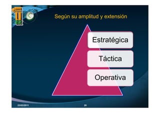 Según su amplitud y extensión



                             Estratégica
                                    g

                              Tá ti
                              Táctica

                             Operativa


23/03/2011              20
 