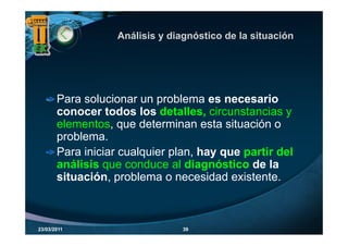 Análisis y diagnóstico de la situación
                                g




       Para solucionar un problema es necesario
       P       l i             bl               i
       conocer todos los detalles, circunstancias y
       elementos,
       elementos que determinan esta situación o
       problema.
       Para iniciar cualquier plan hay que partir del
                              plan,
       análisis que conduce al diagnóstico de la
       situación,
       situación problema o necesidad existente
                                         existente.



23/03/2011                      39
 