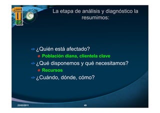 La etapa de análisis y diagnóstico la
                               resumimos:




             ¿Quién está afectado?
               Población diana, clientela clave
                         diana
             ¿Qué disponemos y qué necesitamos?
               Rec rsos
               Recursos
             ¿Cuándo, dónde, cómo?




23/03/2011                        49
 