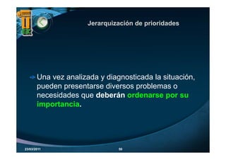 Jerarquización de prioridades
                           q            p




       Una vez analizada y diagnosticada la situación,
                              g                      ,
       pueden presentarse diversos problemas o
       necesidades que deberán ordenarse por su
                   q                         p
       importancia.




23/03/2011                     50
 