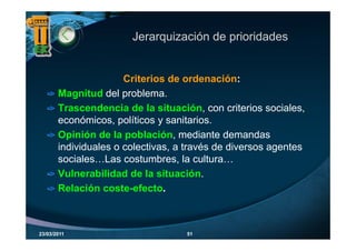 Jerarquización de prioridades


                      Criterios de ordenación:
       Magnitud del problema.
          g           p
       Trascendencia de la situación, con criterios sociales,
       económicos, políticos y sanitarios.
                     p
       Opinión de la población, mediante demandas
       individuales o colectivas, a través de diversos agentes
       sociales…Las costumbres, la cultura…
       Vulnerabilidad de la situación.
       Relación coste-efecto.



23/03/2011                         51
 