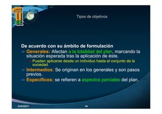 Tipos de objetivos
                                        p        j




   De acuerdo con su ámbito de formulación
     Generales: Afectan a la totalidad del plan, marcando la
     situación esperada tras la aplicación de éste
                                              éste.
             Pueden aplicarse desde un individuo hasta el conjunto de la
             sociedad.
       Intermedios: Se originan en los generales y son pasos
       previos.
       Específicos: se refieren a aspectos parciales del plan.




23/03/2011                                 54
 